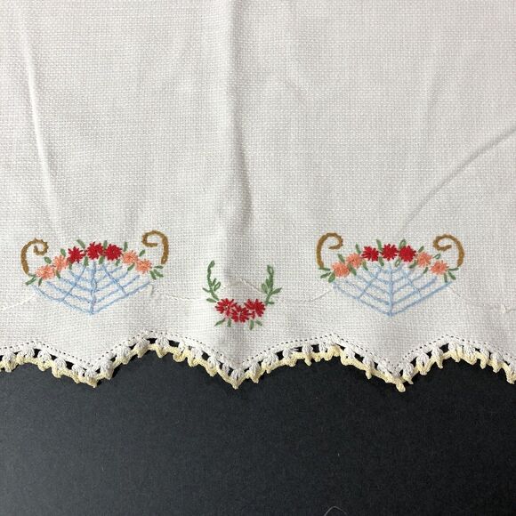 Vintage Tea Towel Embroidered Flowers in Basket Red Orange Retro Shabby Chic - Picture 2 of 8